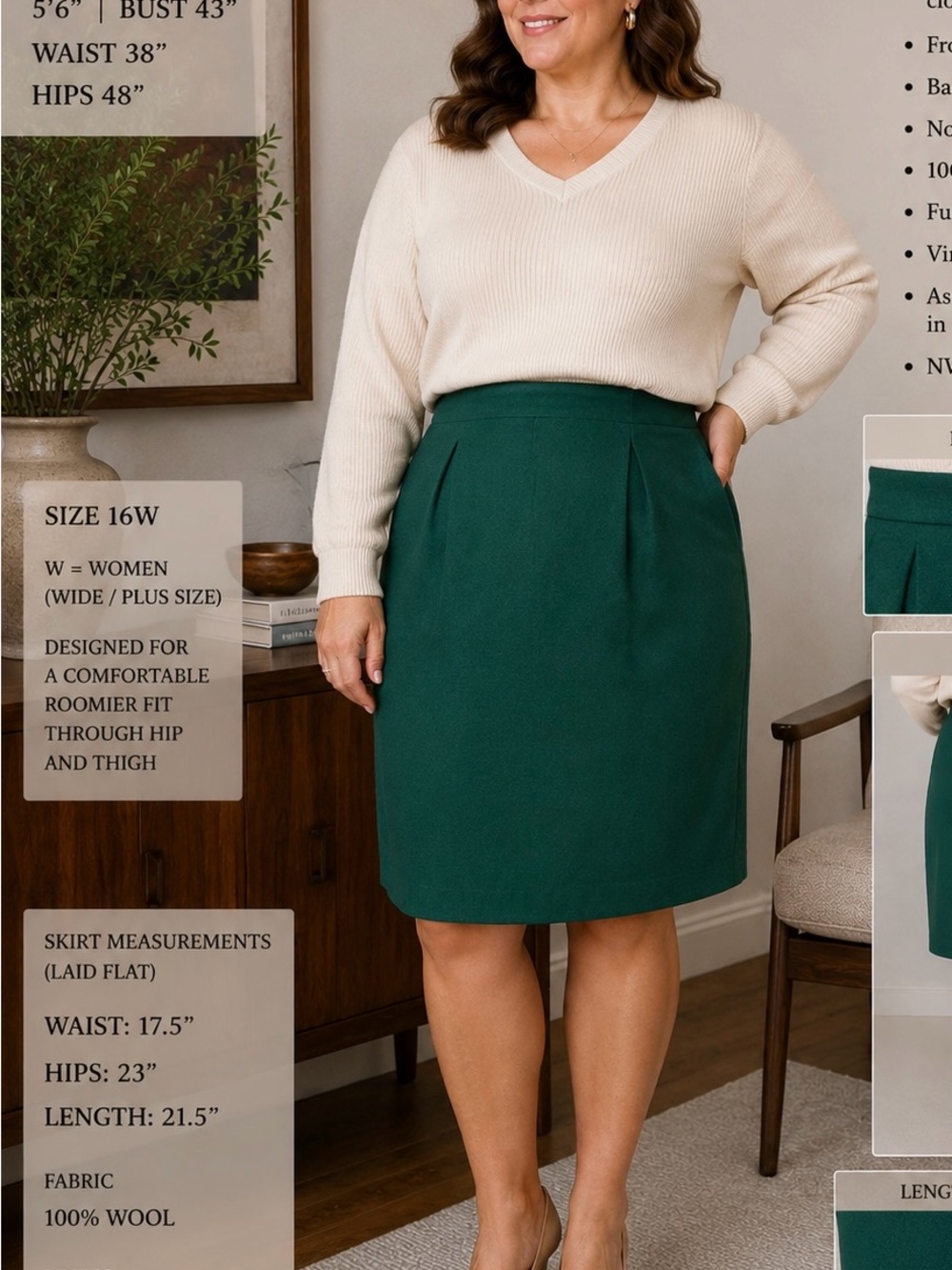 Vintage 16W Emerald Green 100% Wool Midi Skirt Rena Rowan for Saville Pleated